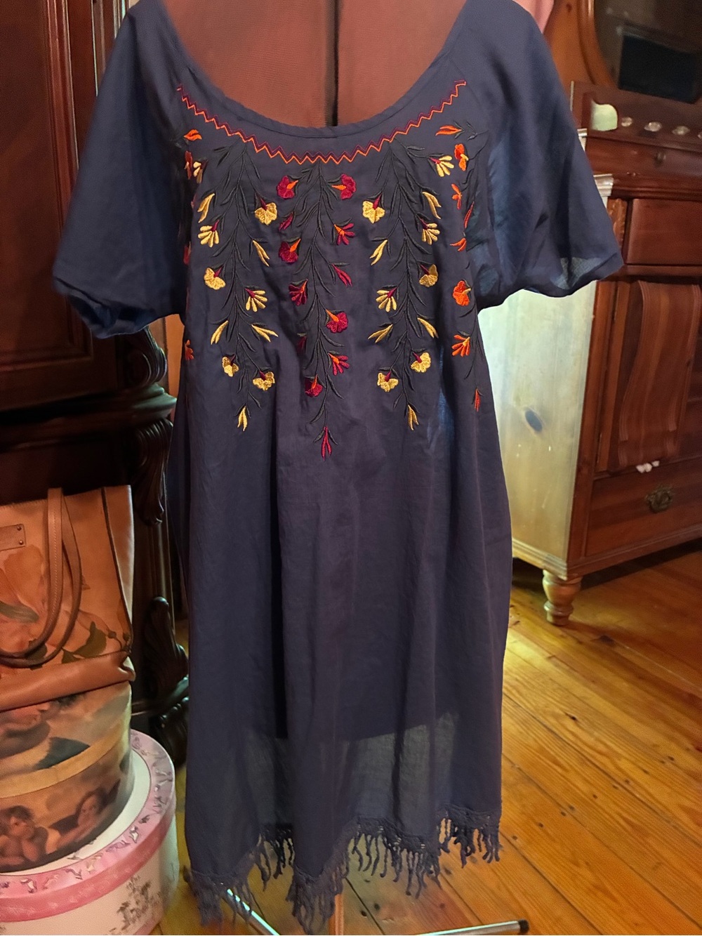 Women’s Navy Embroidered Tunic with Fringe